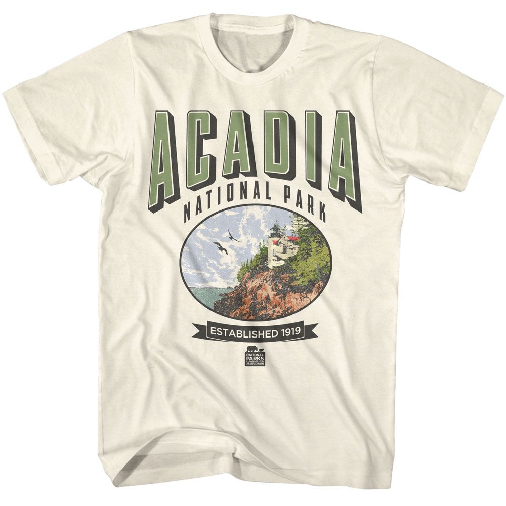 Natural National Parks t-shirt featuring an Acadia Oval Est 1919 design