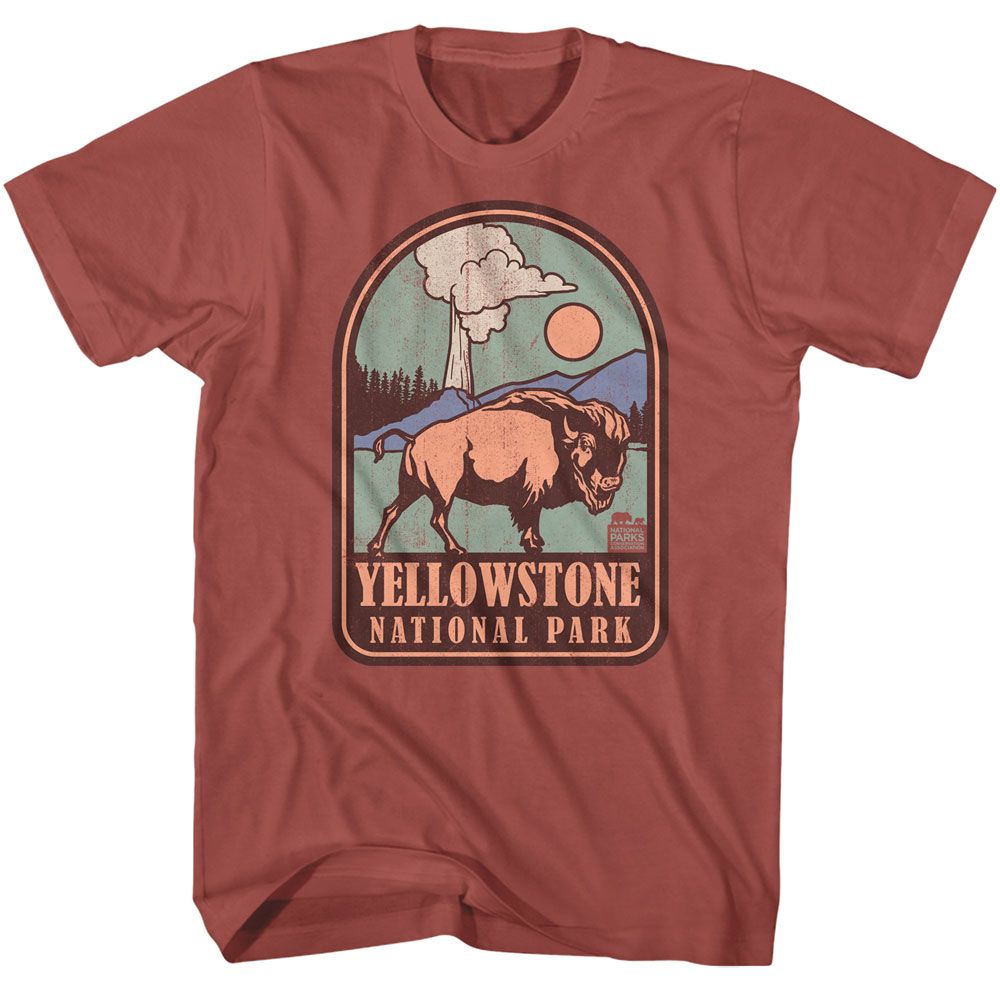 Terracotta National Parks t-shirt featuring a Yellowstone badge design