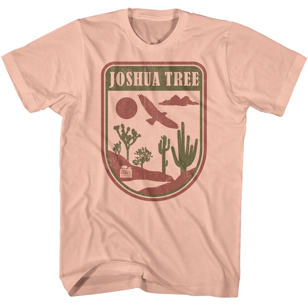 Peach National Parks t-shirt featuring a Joshua Tree badge design