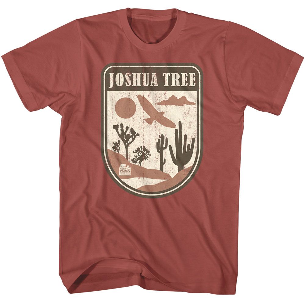 Terracotta National Parks t-shirt featuring a Joshua Tree badge design