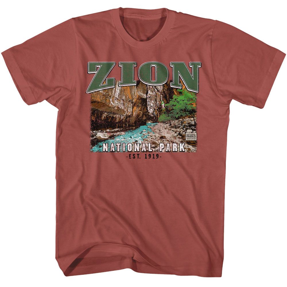 Terracotta National Parks t-shirt featuring a Zion design
