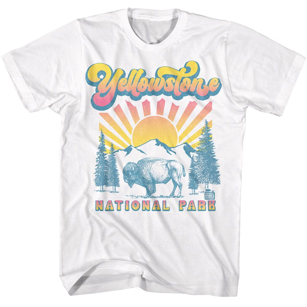 White National Parks t-shirt featuring a Buffalo with Gradient Sun design