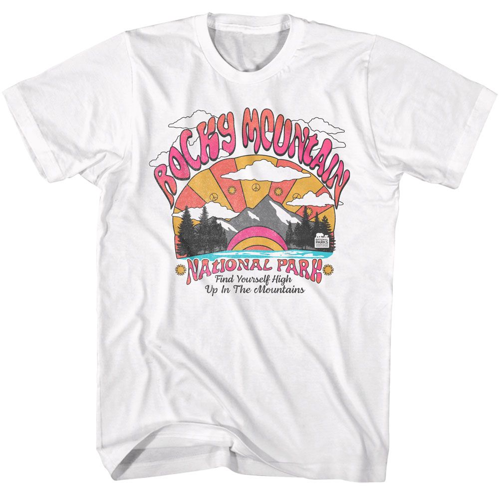White National Parks t-shirt featuring a Rocky Mountain design
