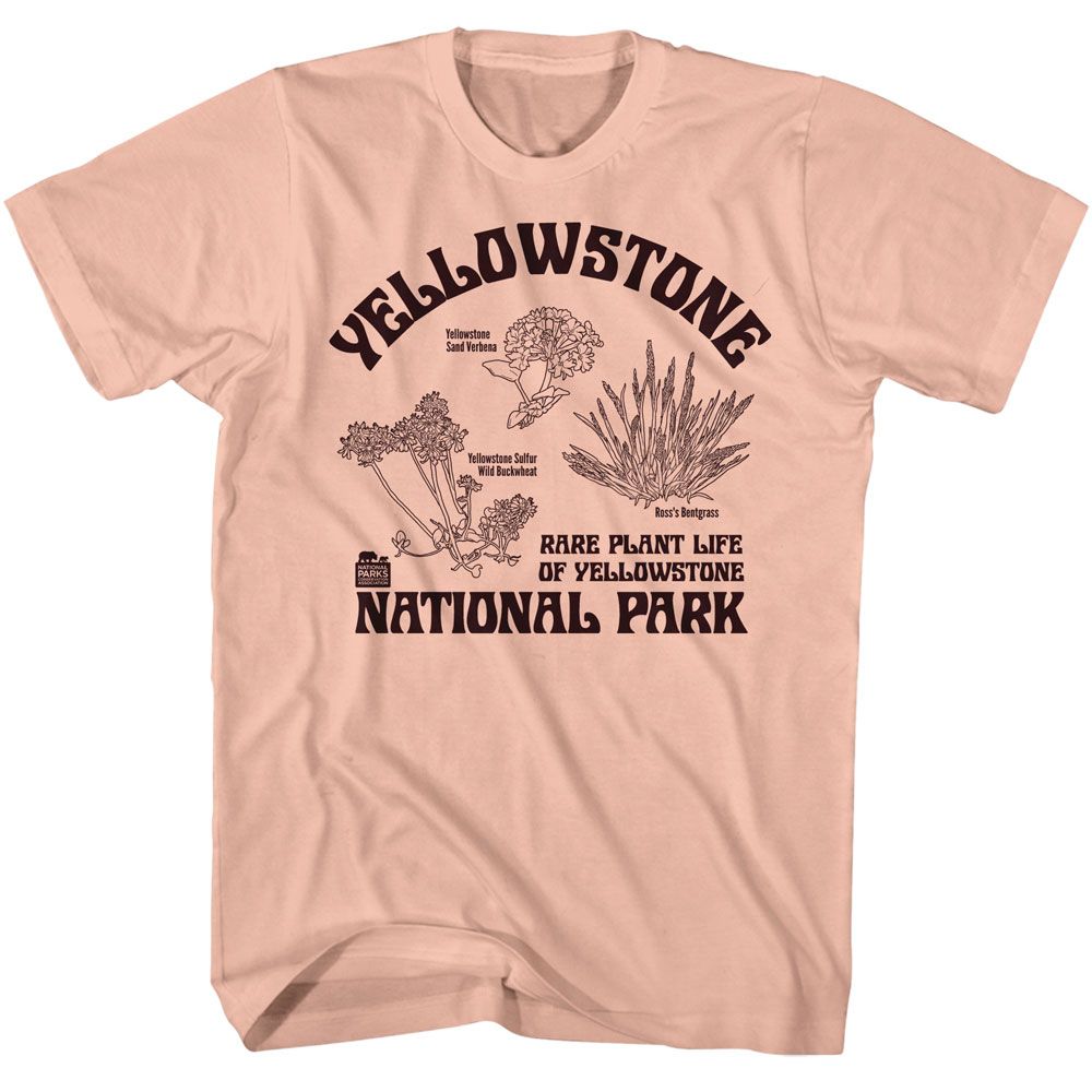 Peach National Parks t-shirt featuring a Rare Plants Yellowstone design