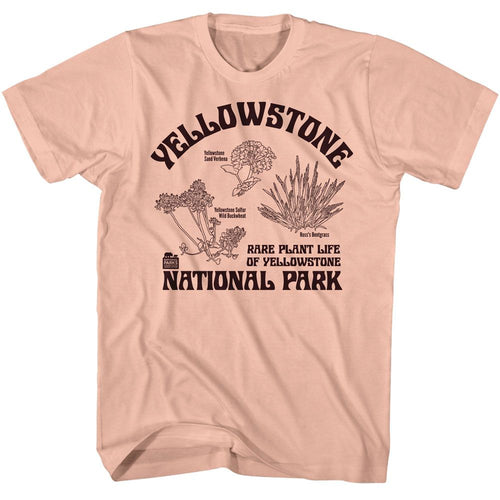 Peach National Parks t-shirt featuring a Rare Plants Yellowstone design