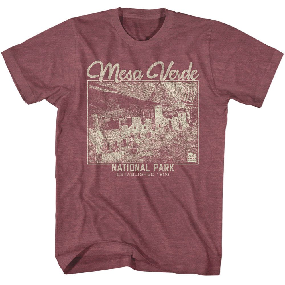 Vintage Maroon Heather National Parks t-shirt featuring a Mesa Verde design