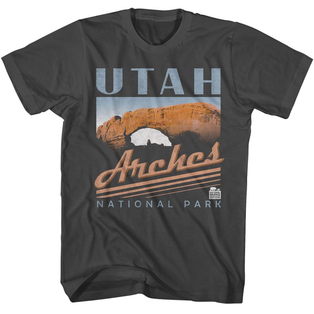 Smoke Gray National Parks t-shirt featuring a Utah Arches design