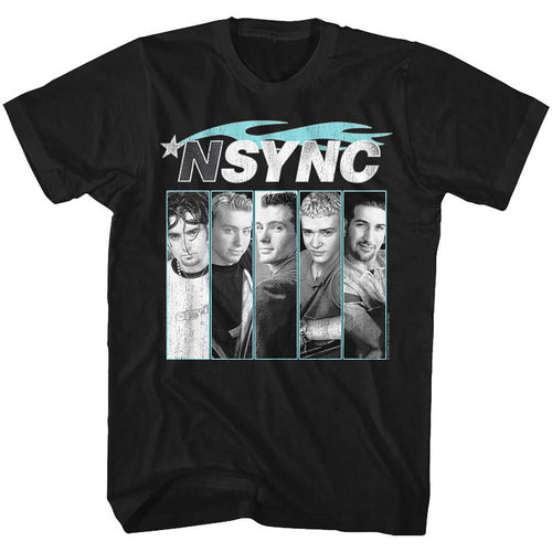 Black NSYNC t-shirt featuring an NSYNC Blue Flame design