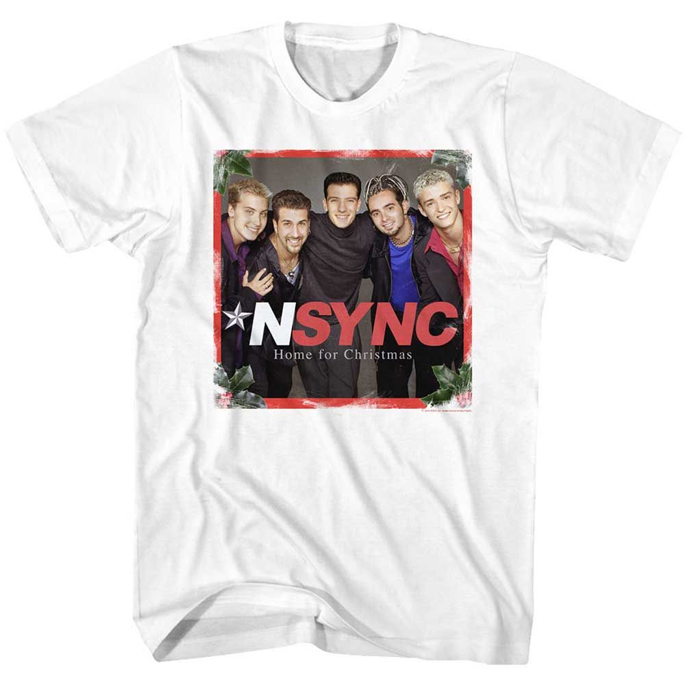 White NSYNC t-shirt featuring a Home for Christmas design