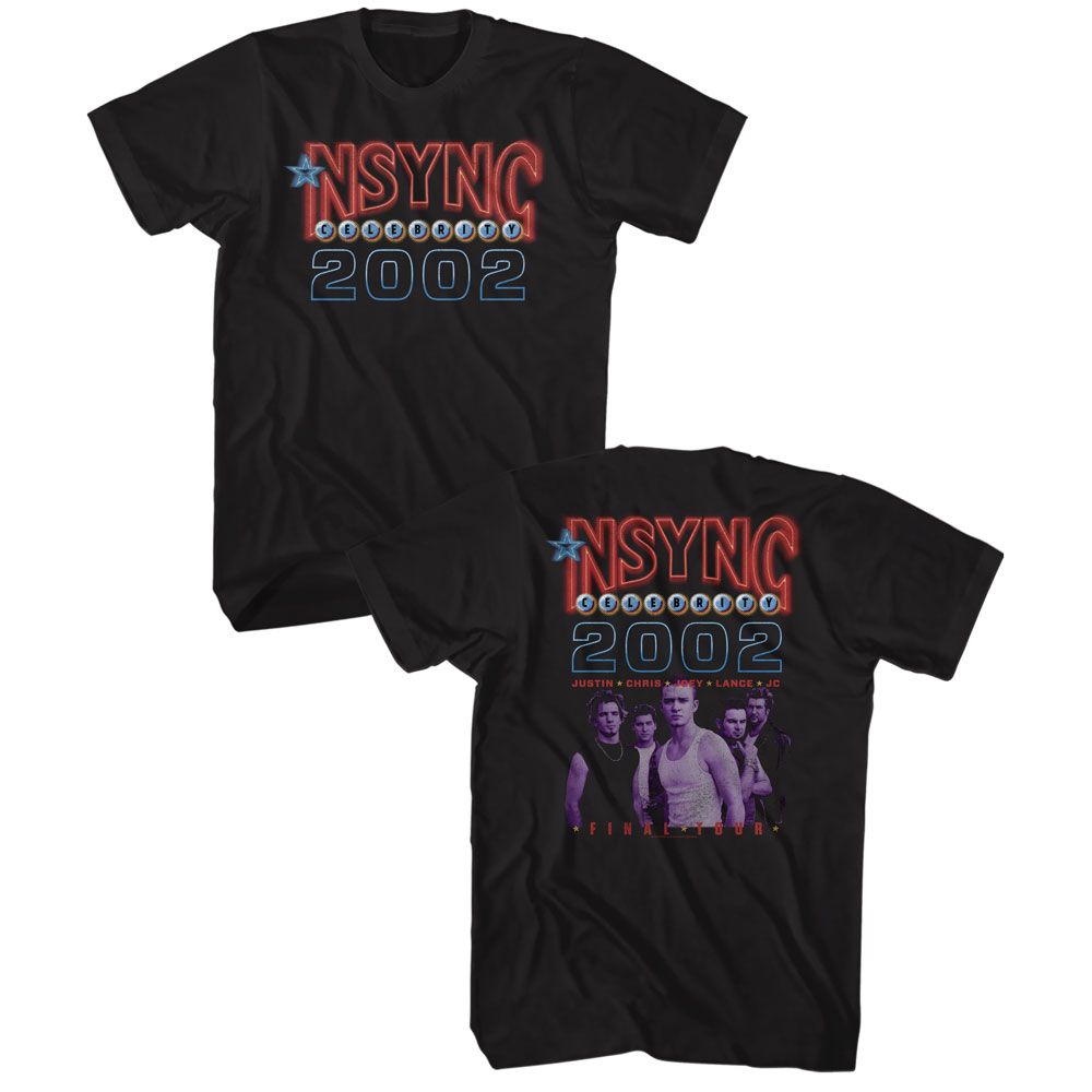 Black NSYNC t-shirt featuring a Celebrity 2002 tour design
