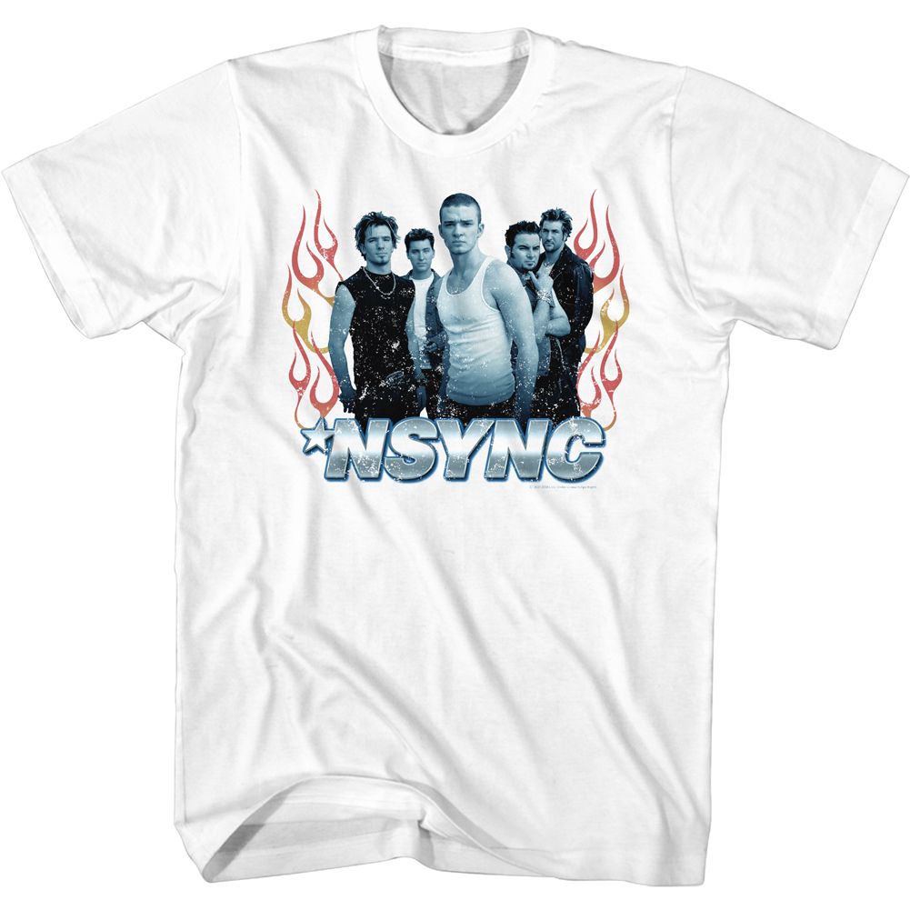 White NSYNC t-shirt featuring an NSYNC Flames design