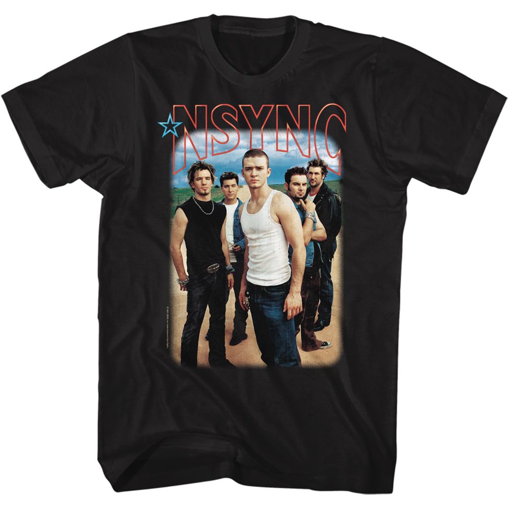 Black NSYNC t-shirt featuring an NSYNC Blu Skies logo design