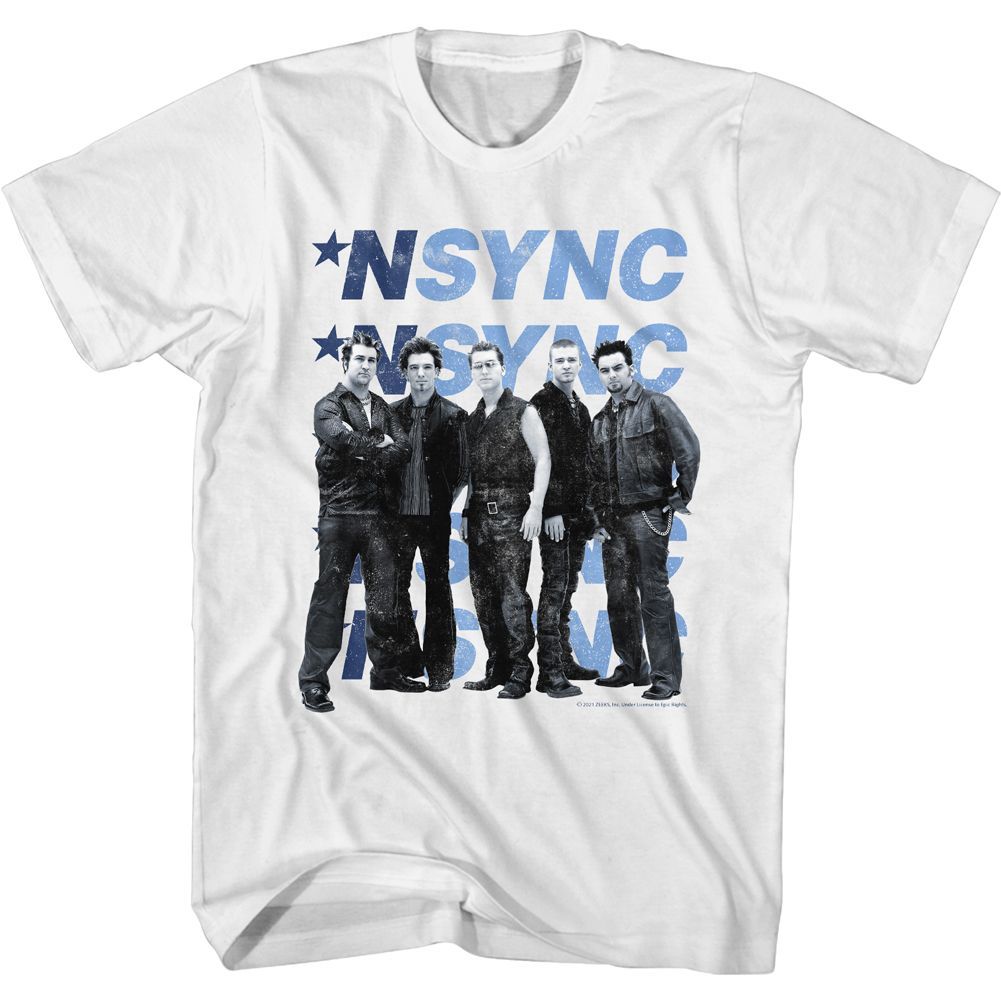 White NSYNC t-shirt featuring an NSYNC multi logo design