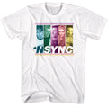 White NSYNC t-shirt featuring an NSYNC multicolored boxes design