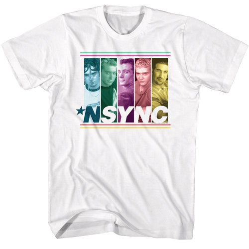White NSYNC t-shirt featuring an NSYNC multicolored boxes design