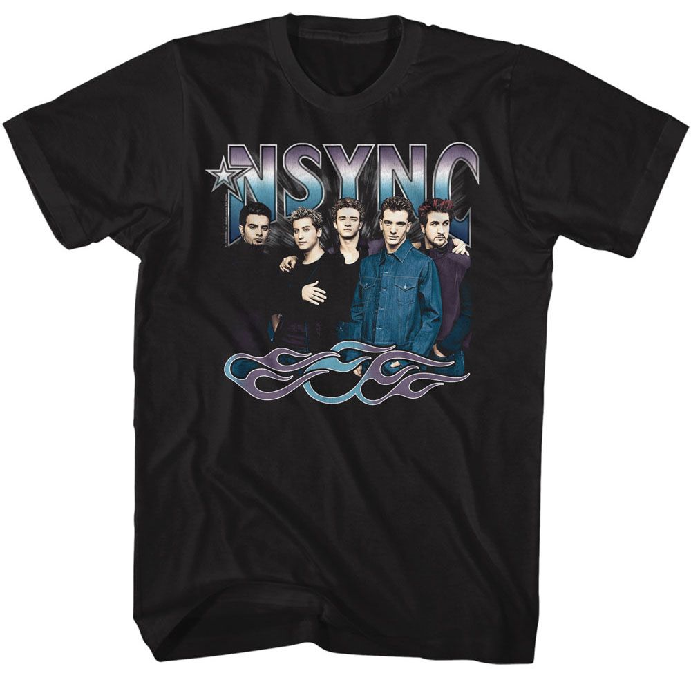 Black NSYNC t-shirt featuring an NSYNC cool tones and flames design