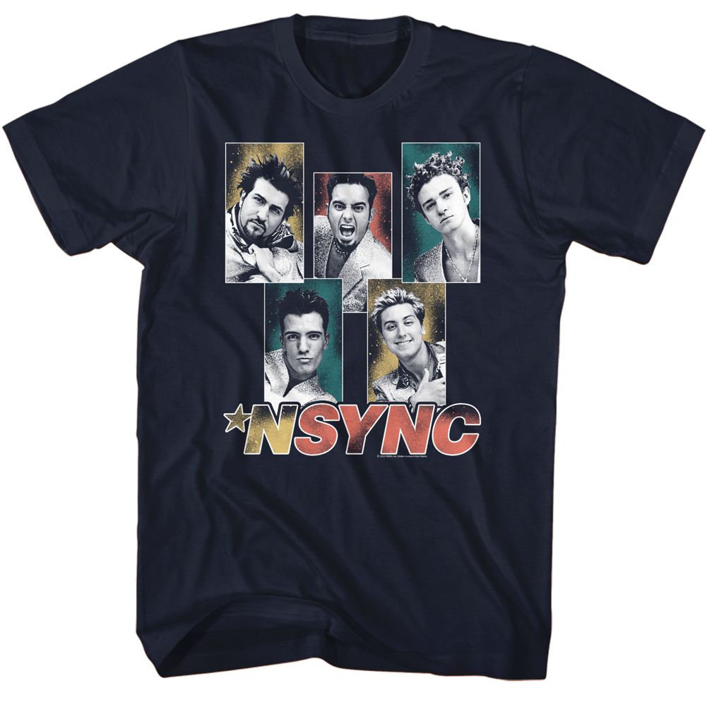 Navy NSYNC t-shirt featuring an NSYNC sparkly boxes design
