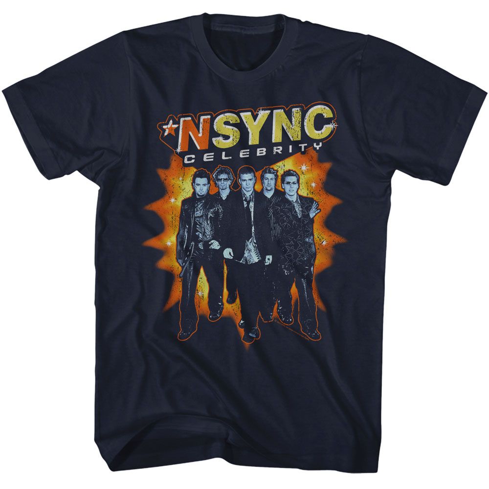 Navy NSYNC t-shirt featuring an NSYNC Celebrity Explosion design