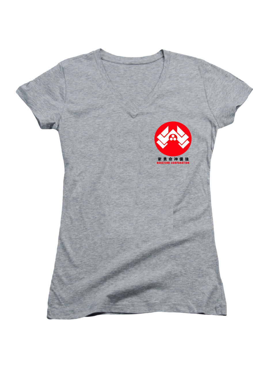 Gray Nakatomi Corporation Left Pocket Juniors V-Neck T-Shirt