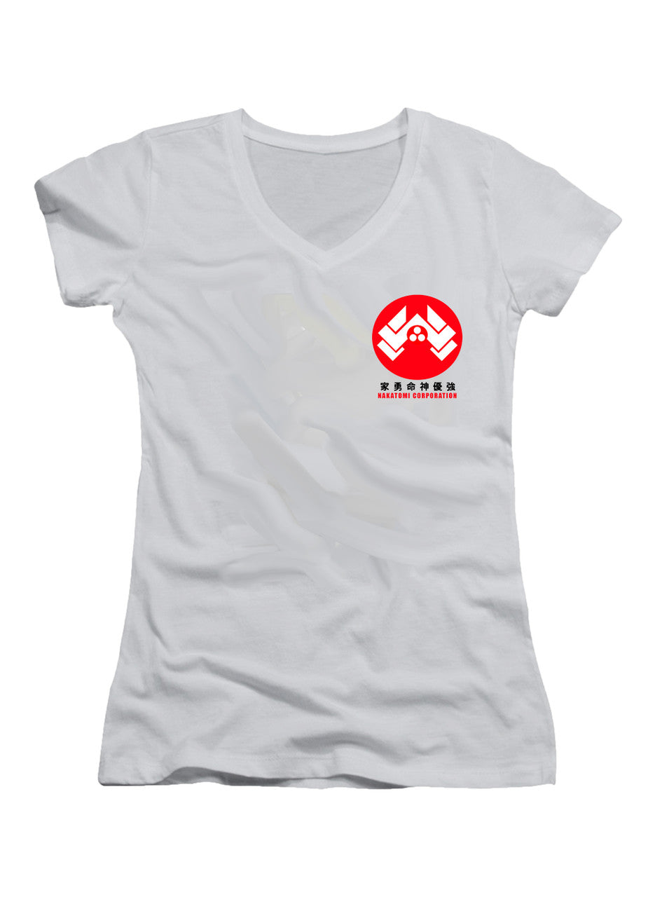 White Nakatomi Corporation Left Pocket Juniors V-Neck T-Shirt