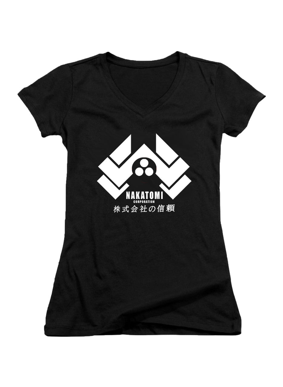 Black Nakatomi Corporation Juniors V-Neck T-Shirt