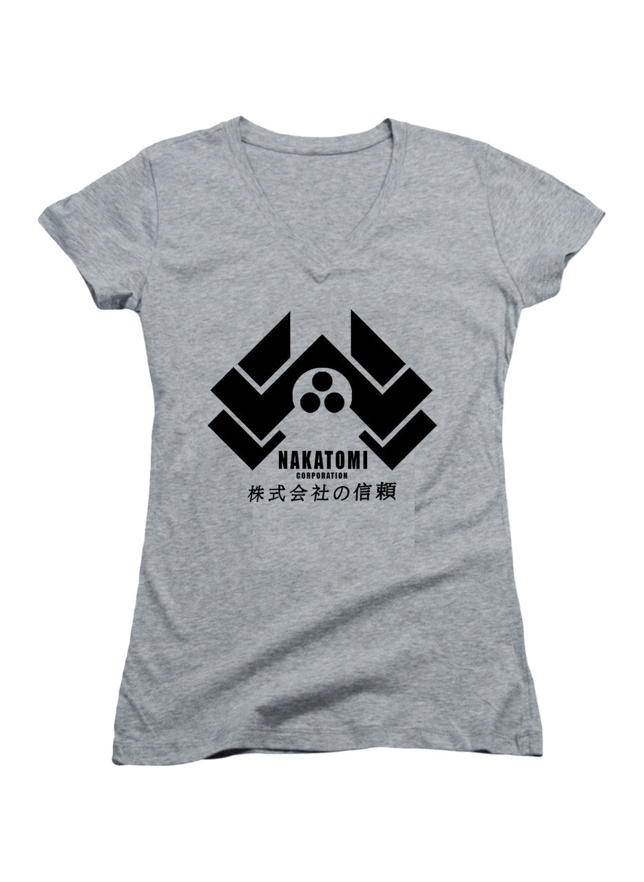Gray Nakatomi Corporation Juniors V-Neck T-Shirt