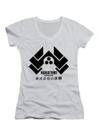 White Nakatomi Corporation Juniors V-Neck T-Shirt