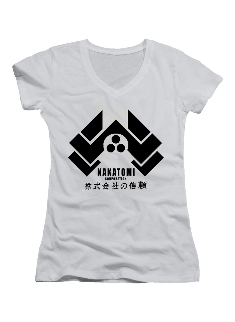 White Nakatomi Corporation Juniors V-Neck T-Shirt