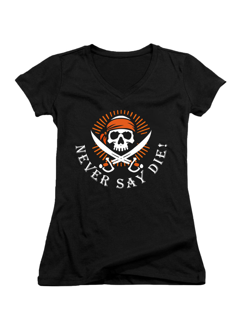 Black Never Say Die Juniors V-Neck T-Shirt