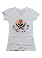 White Never Say Die Juniors V-Neck T-Shirt