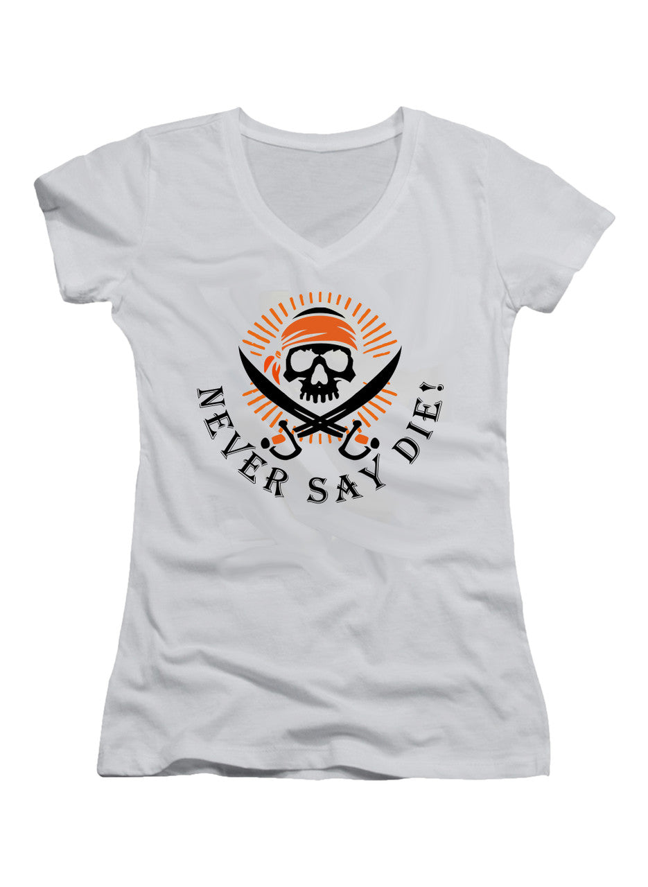 White Never Say Die Juniors V-Neck T-Shirt