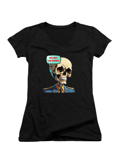 Black No Brainer Skull Juniors V-Neck T-Shirt