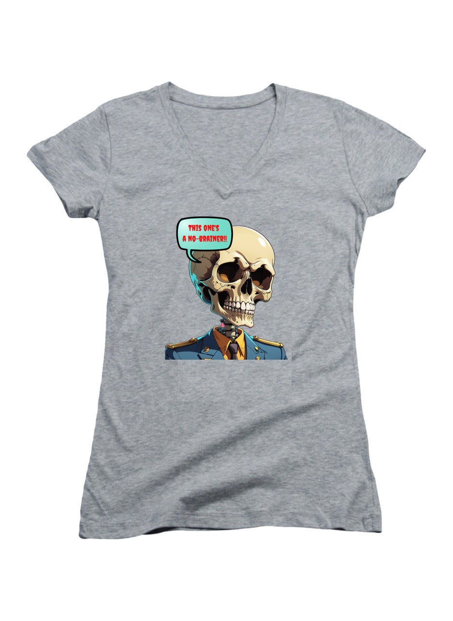 Gray No Brainer Skull Juniors V-Neck T-Shirt