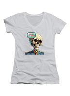 White No Brainer Skull Juniors V-Neck T-Shirt