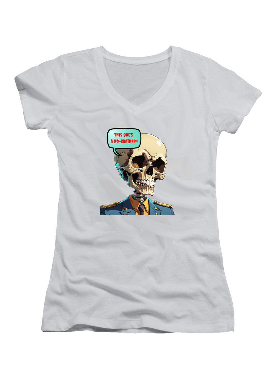 White No Brainer Skull Juniors V-Neck T-Shirt