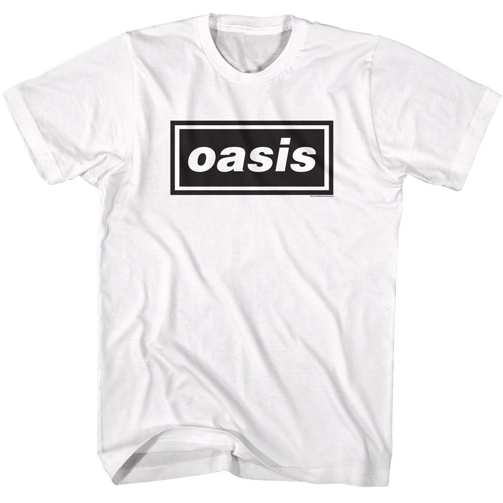 White Oasis t-shirt featuring an Oasis rectangular logo design