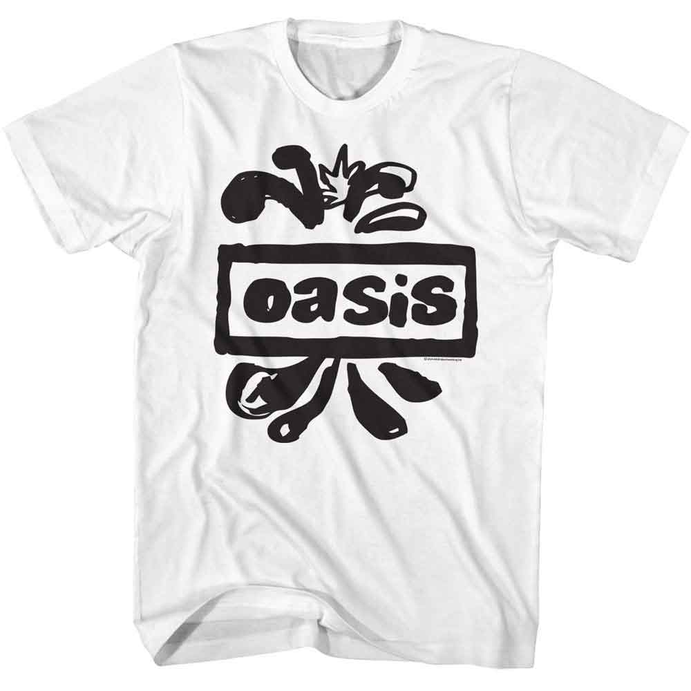 White Oasis t-shirt featuring an Oasis splatter logo design