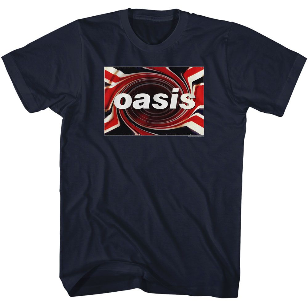 Navy Oasis t-shirt featuring an Oasis Union Jack logo design