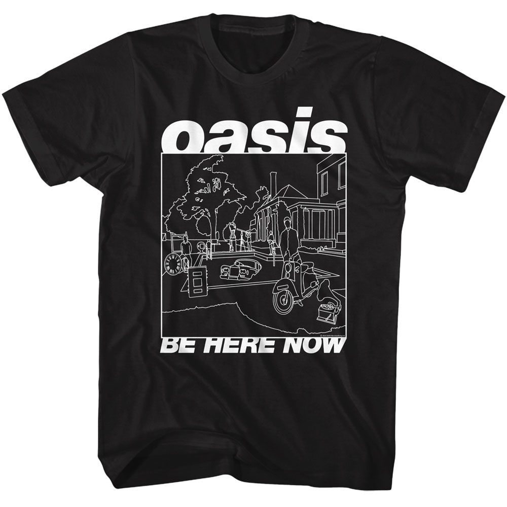 Black Oasis t-shirt featuring a Be Here Now line art design