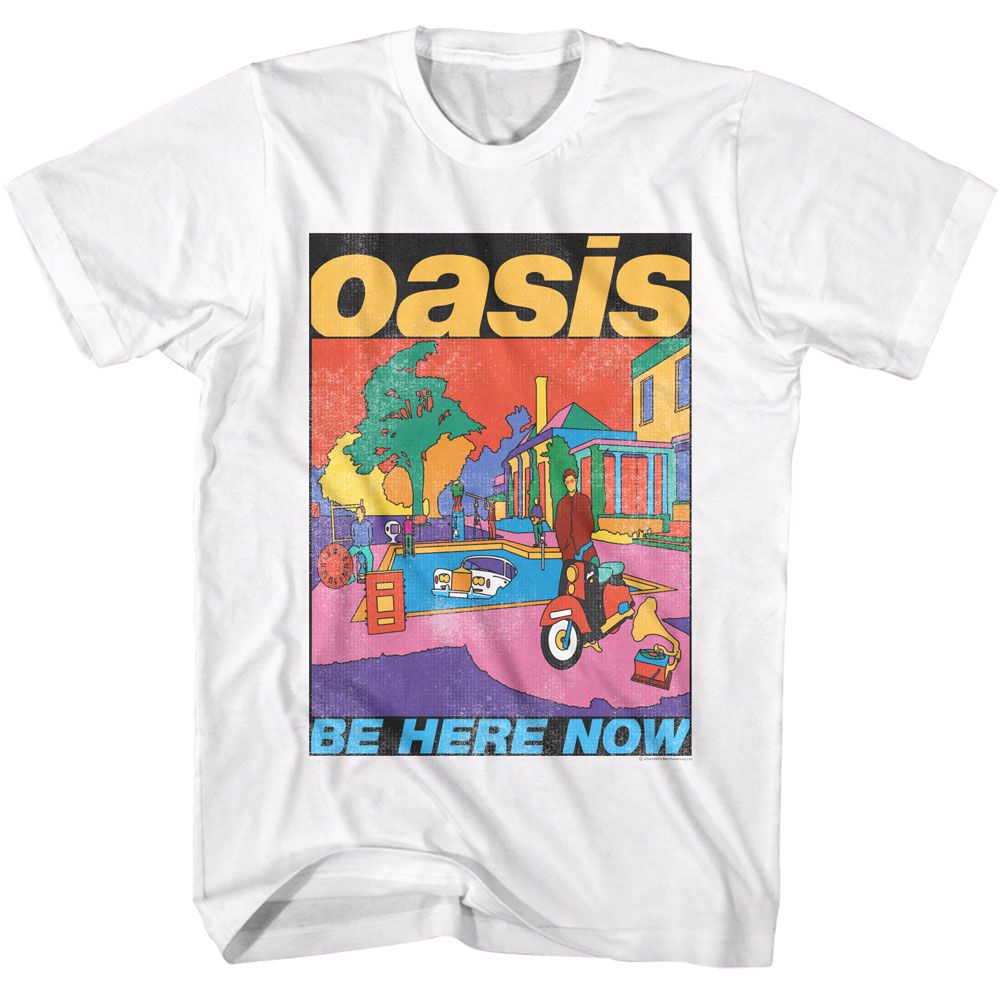 White Oasis t-shirt featuring a Be Here Now design