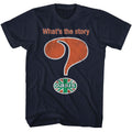 Navy Oasis t-shirt featuring a What's the Story design