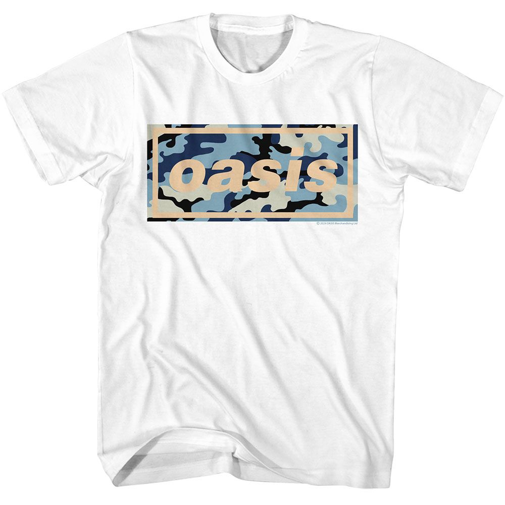 White Oasis t-shirt featuring an Oasis camo logo design