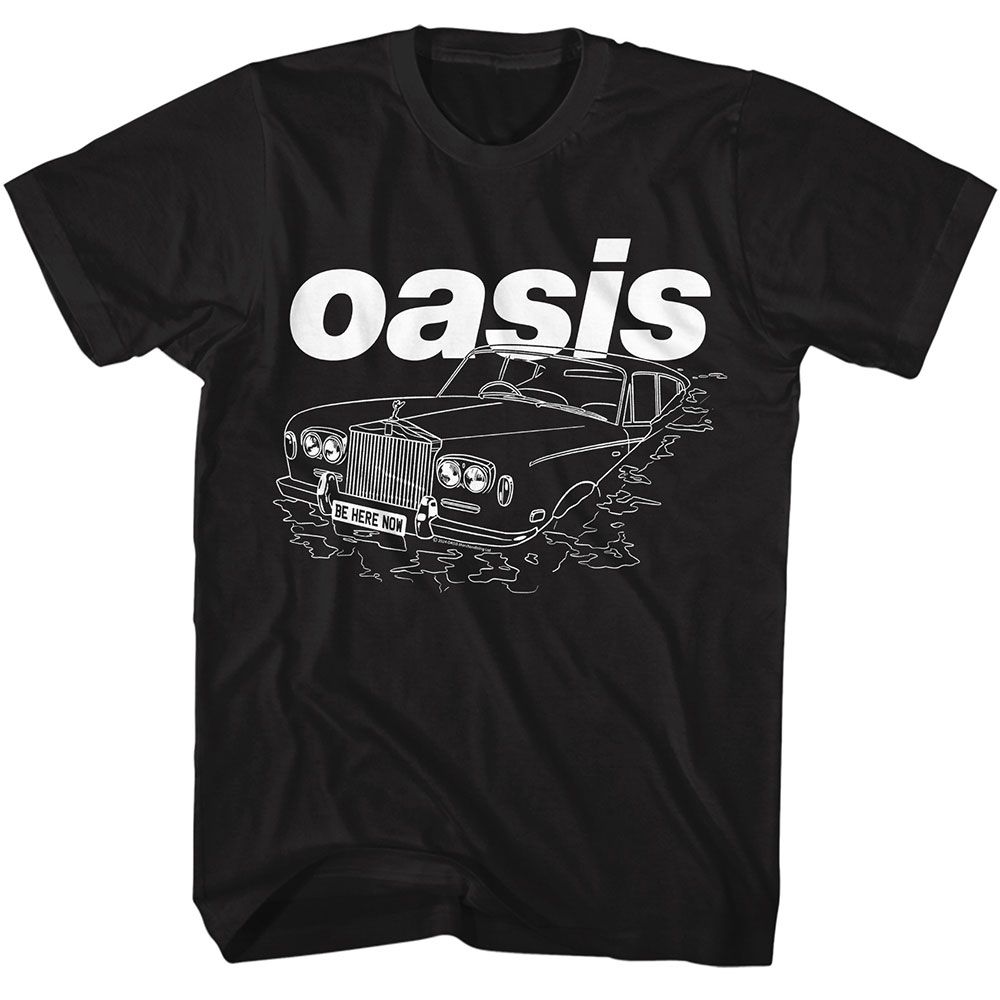 Black Oasis t-shirt featuring a Be Here Now car design