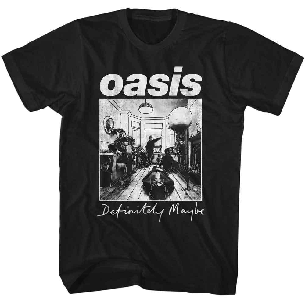 Black Oasis t-shirt featuring a monotone Definitely Maybe design