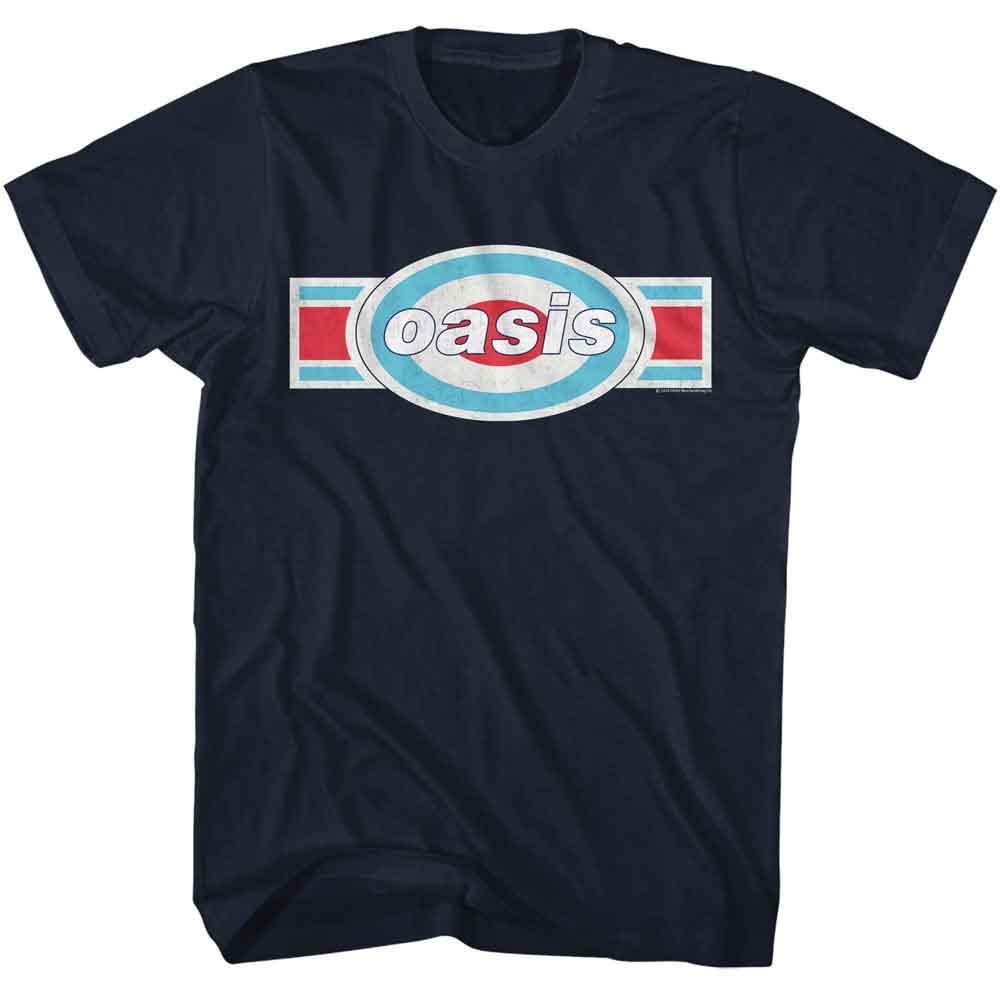 Navy Oasis t-shirt featuring a tri-color chest logo design