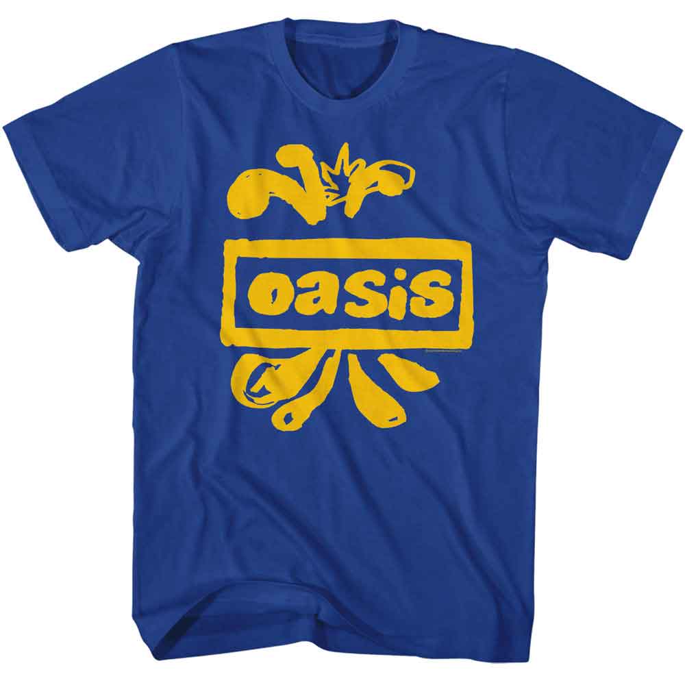 Royal Blue Oasis t-shirt featuring an Oasis alt splatter logo design