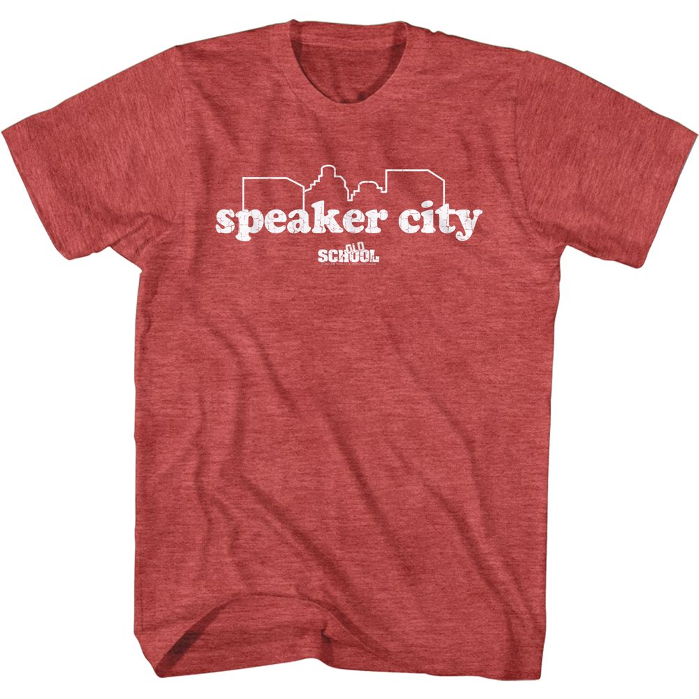 Red Heather Old School t-shirt featuring a Speaker City design