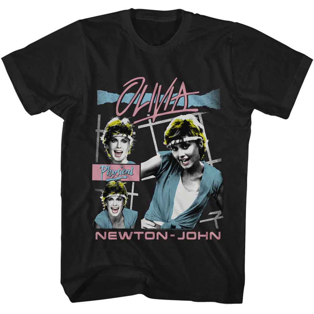 Black Olivia Newton-John t-shirt featuring a Physical design