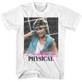 White Olivia Newton-John t-shirt featuring a Physical Video design