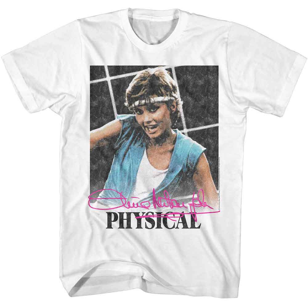 White Olivia Newton-John t-shirt featuring a Physical Video design